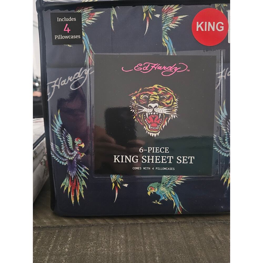 Ed Hardy 6 piece king sheet set parrots birds blue navy NIP